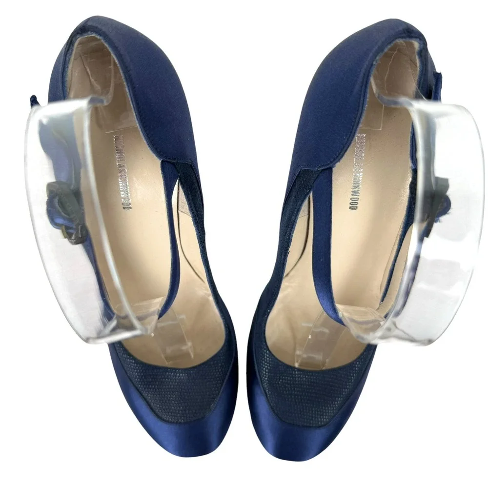 Nicholas Kirkwood High Heels EU 38 US 7.5 Navy Satin‎ Round Toe Italy Maryjane